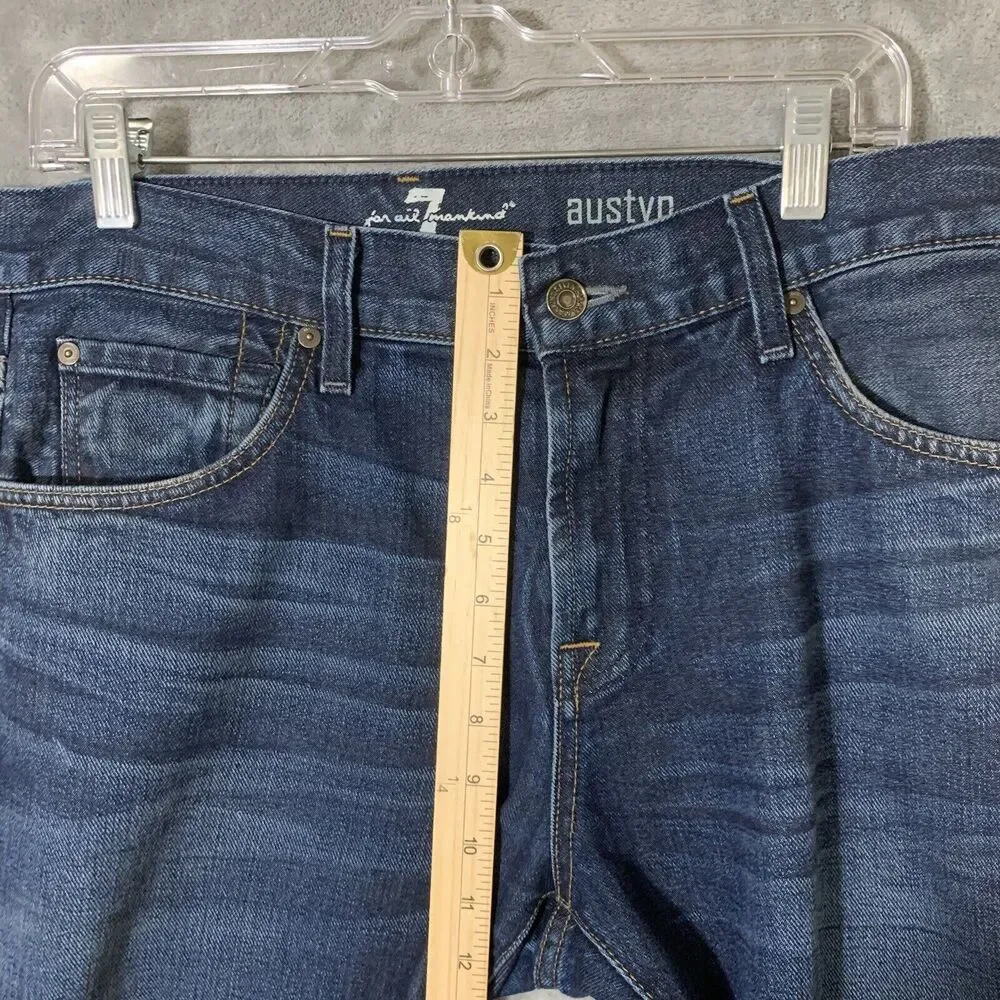7 For All Mankind Jeans Austyn Men 33x26.5 USA Made Whiskered Blue Denim READ